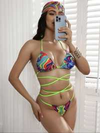 Bikini 3 częściowe shein L z chustą neon kolorowe