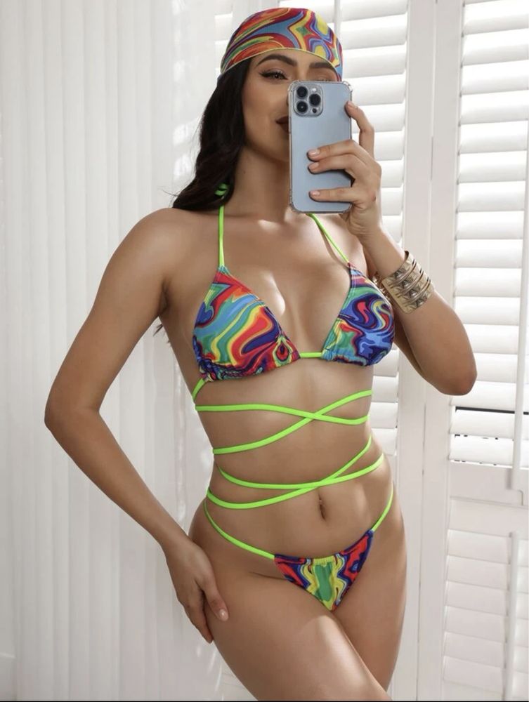 Bikini 3 częściowe shein L z chustą neon kolorowe