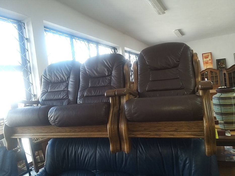 Wypoczynek 2+1 skóra naturalna ciemny brąz w drewnie kanapa 2os. fotel