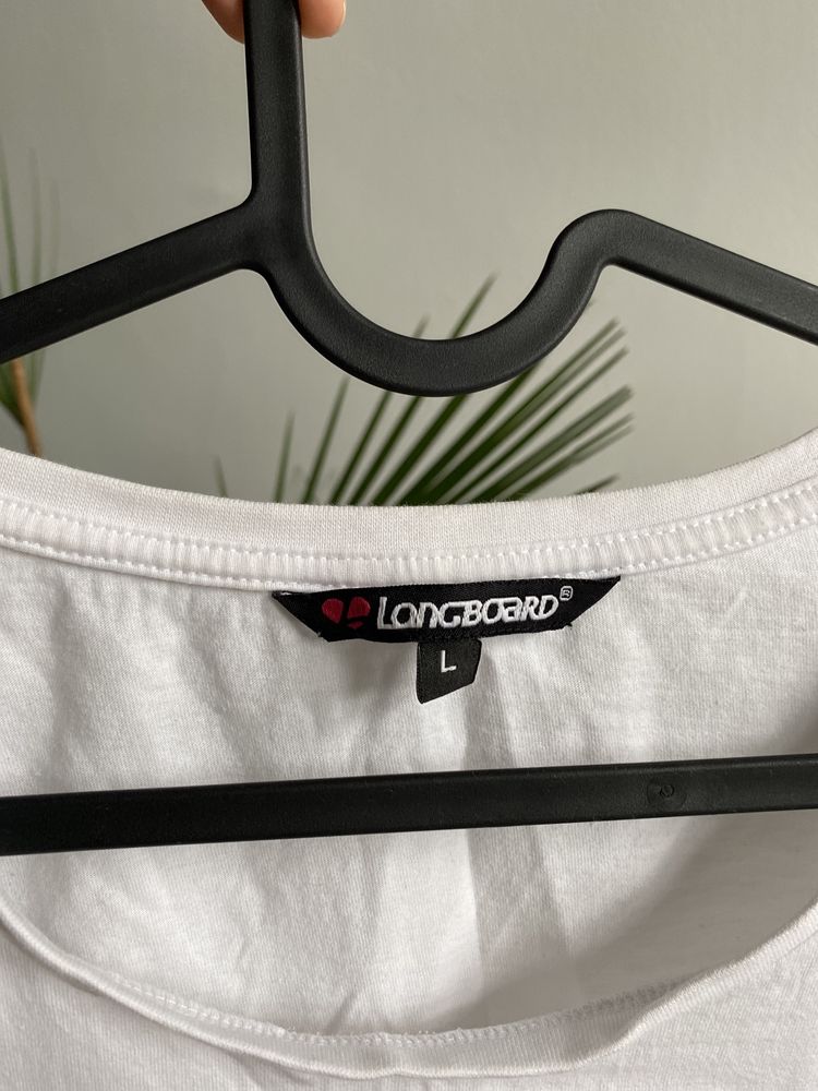 Biała bluzka z krótkim rękawem tshirt L Longboard bawełna z napisem