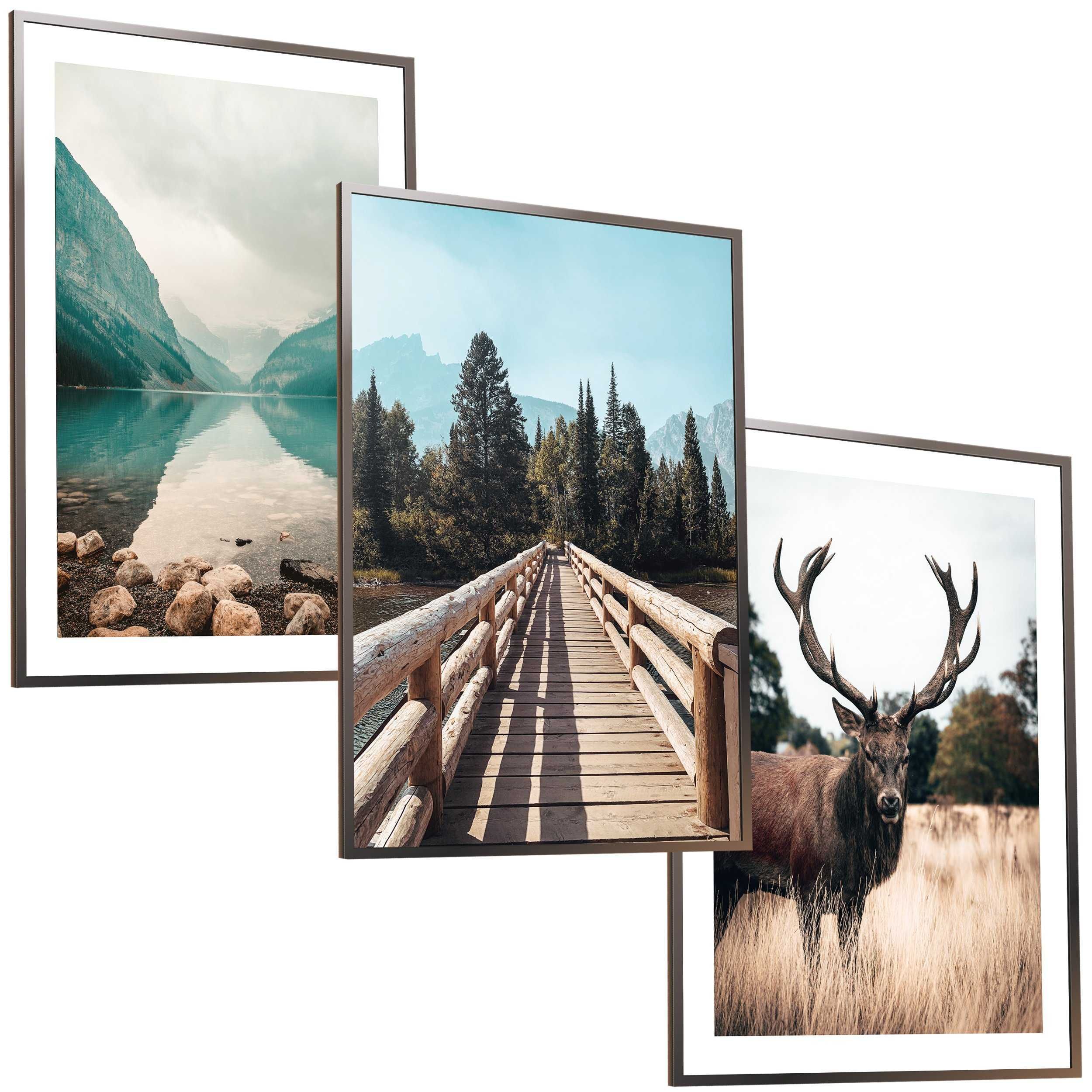 3x 30x40 A3 ZESTAW OBRAZ W RAMIE PLAKATY RAMKA boho jeleń most deer