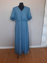 Niebieska długa maxi sukienka w białe serduszka z gumką w talii 42-44