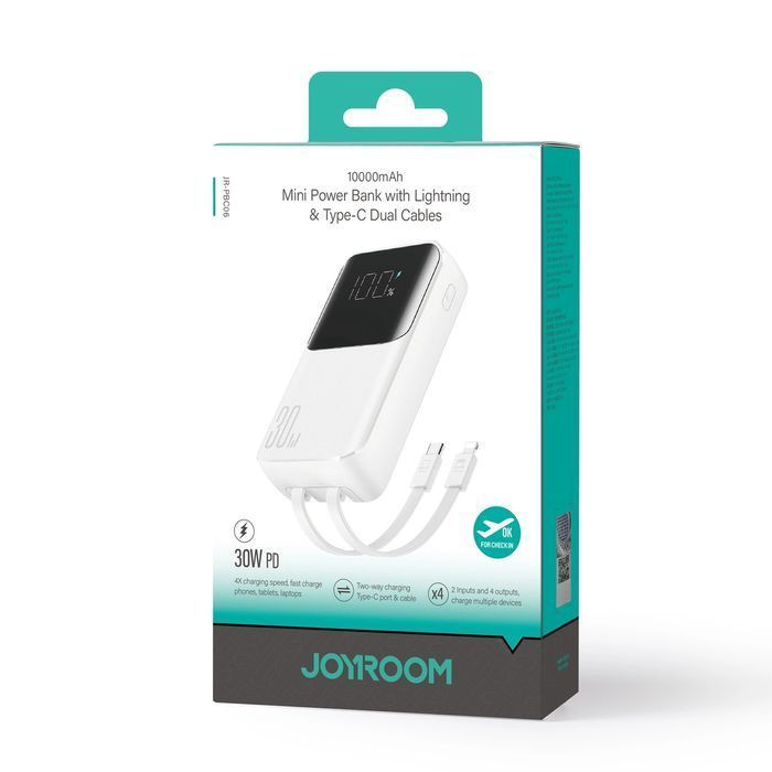 Mini powerbank Joyroom z kablami USB-C / Lightning 30W 10000mAh biały
