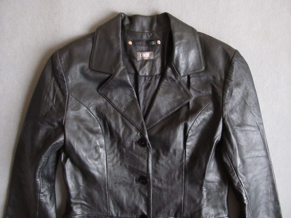 172 cm M 38-40 skóra taliowany czarny damski płaszcz skórzany jak nowy