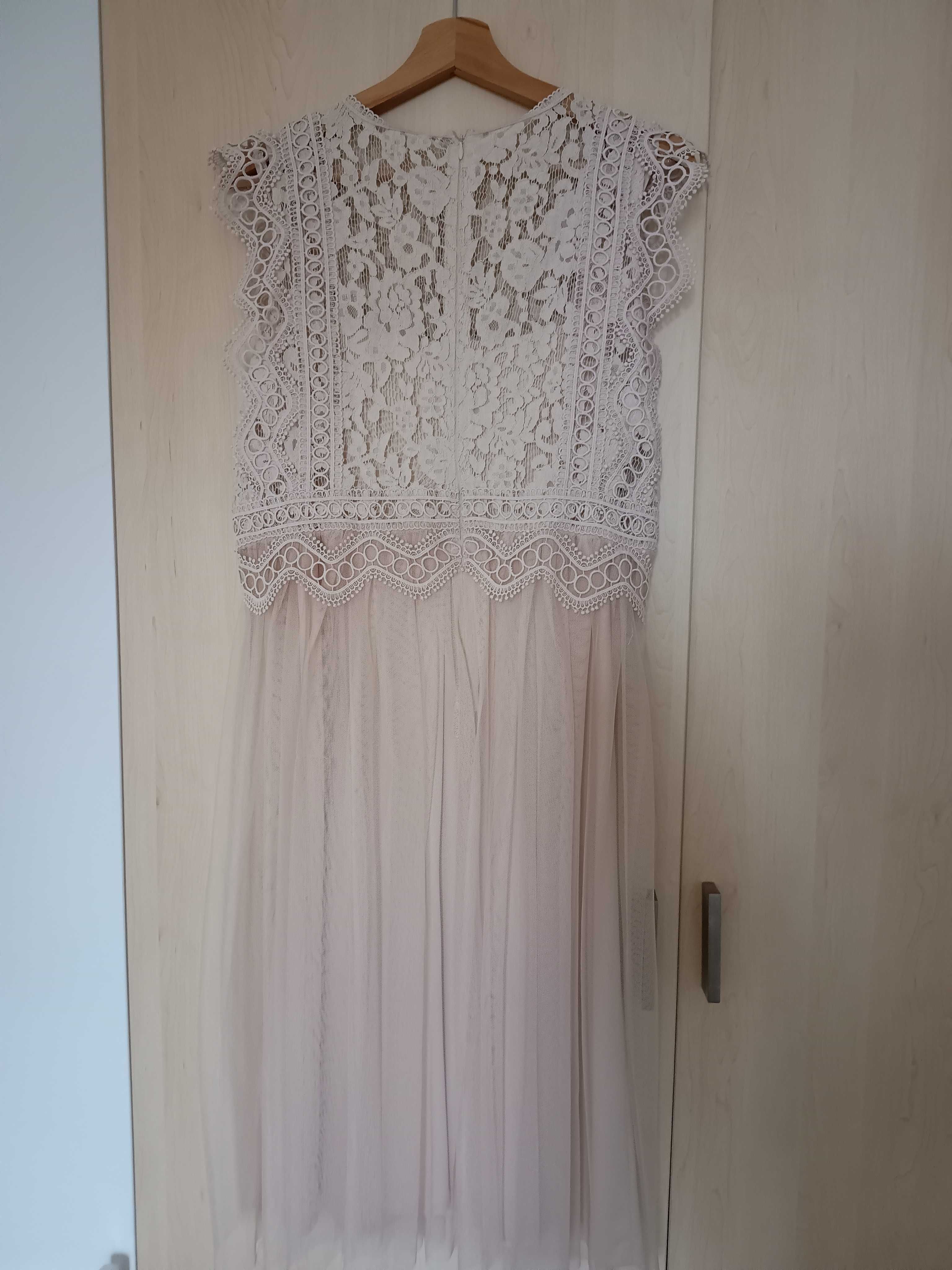 Sukienka ślubna/koktajlowa ESPRIT w stylu boho, pudrowy róż, rozmiar L