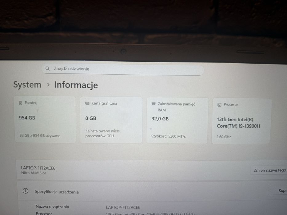 Laptop gamingowy Acer Nitro V 15 Intel Core i9 32GB RAM 1Tb SSD