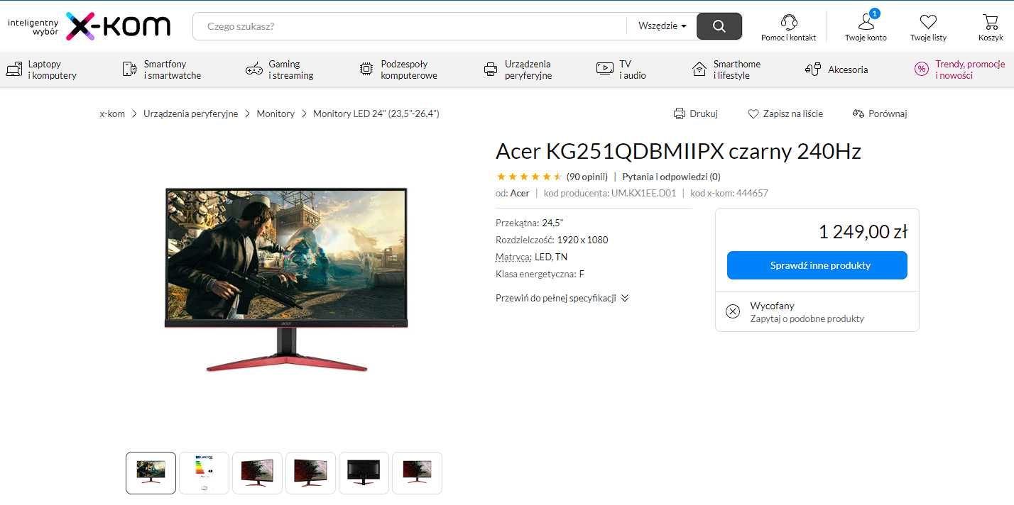 Acer KG251QDBMIIPX czarny 240Hz