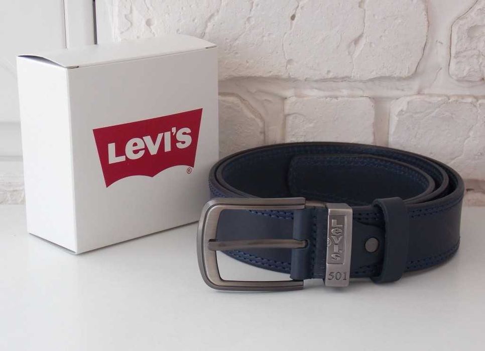 Мужской кожаный синий ремень Levis / шкіряний ремінь чоловічий синій