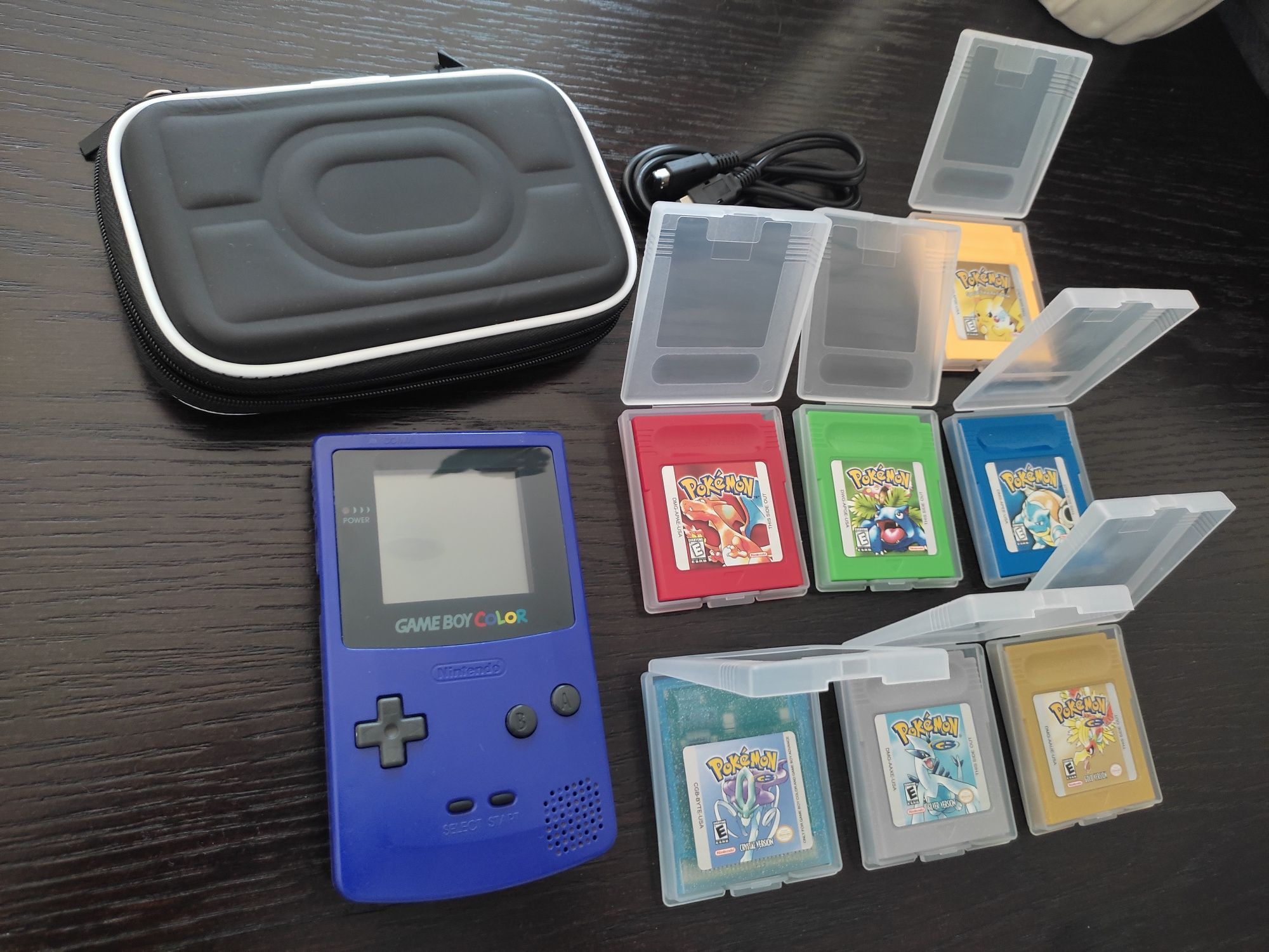 Pack Gameboy color roxo com 7 jogos Pokémon cabo link e bolsa