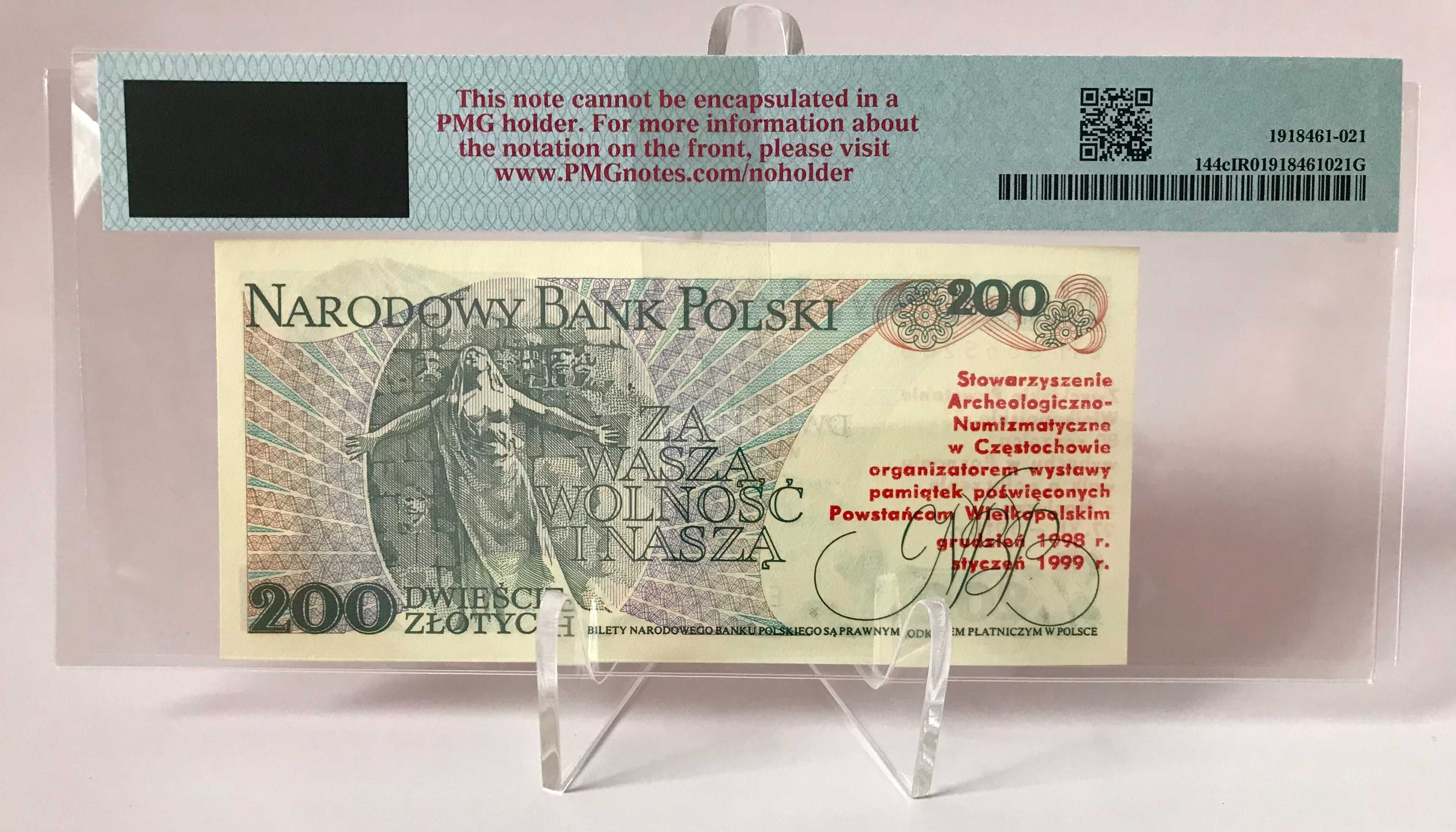 Banknot 200 zł z nadrukiem Powstanie Wielkop. 1988 rok, PMG VOID - UNC