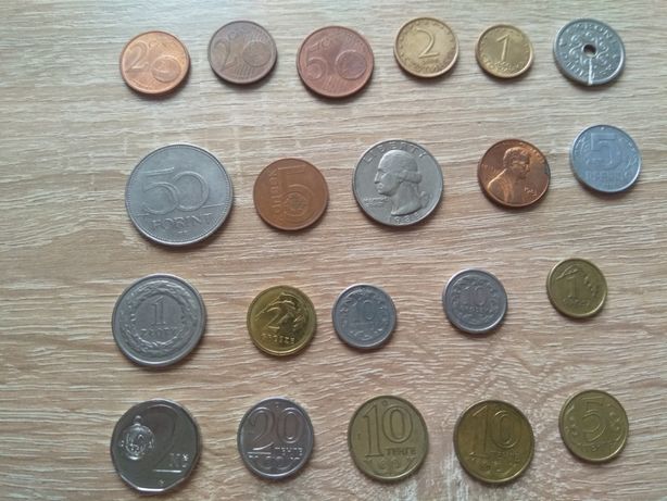 Монеты (евро, тенге, крона, рубли, злотые, форинты)