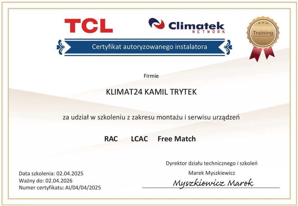 Montaż Klimatyzacji Gree, Kaisai, Rotenso, Sinclair, TCL