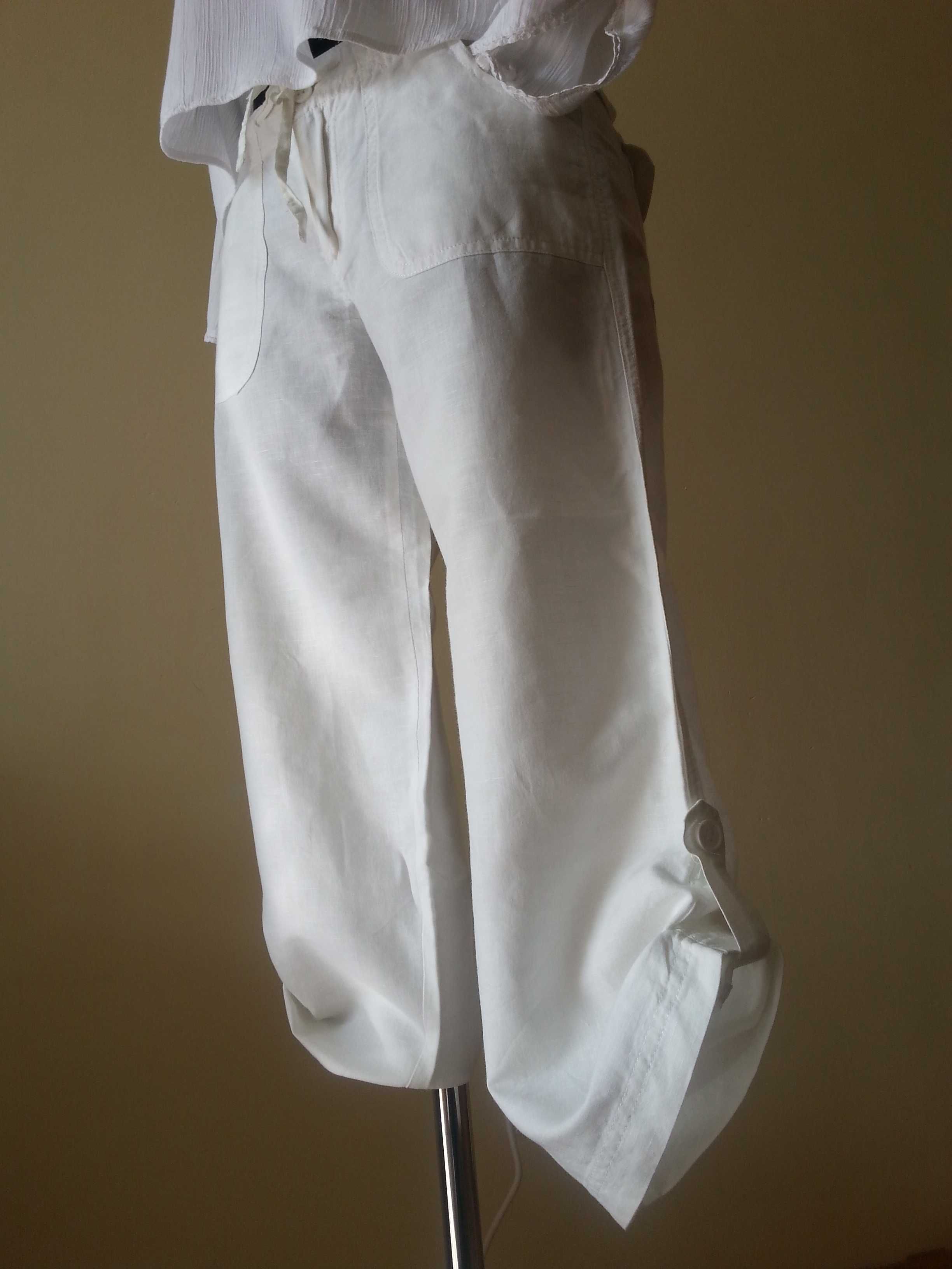 białe letnie spodnie  36/S len bawełna długość 7/8 stan idealny