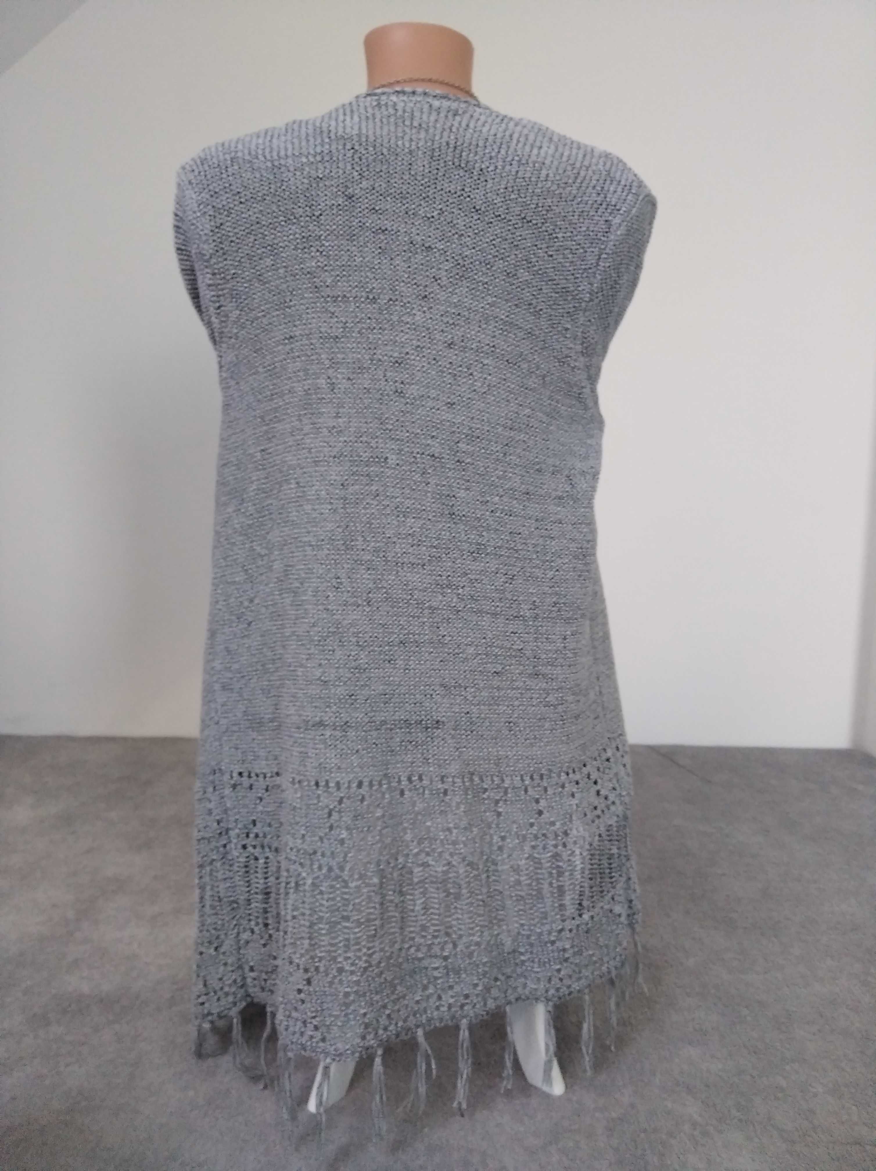 Sweter narzutka kardigan z fędzlami ażurowy S,M,L szary długi