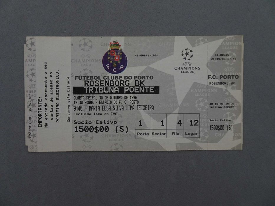 Bilhete futebol Porto Rosenborg Champions League 30 outubro 1996