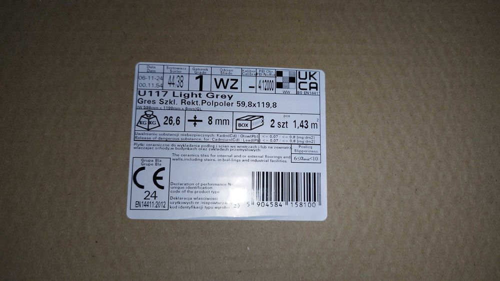 Płytki U117  Paradyż Ennis Light Grey Gres Półpoler 60x120