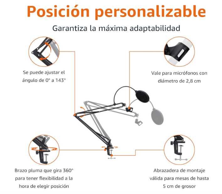 Suporte de microfone com braço e filtro pop, preto, c/ NOVO