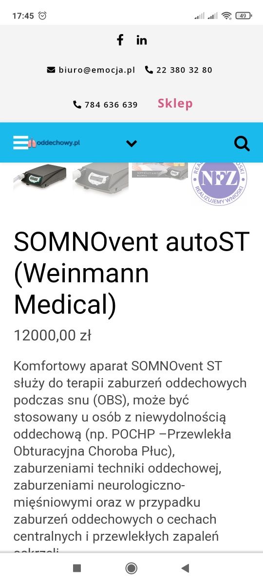Aparat do zaburzeń oddechu Weinmann, 12 tys
