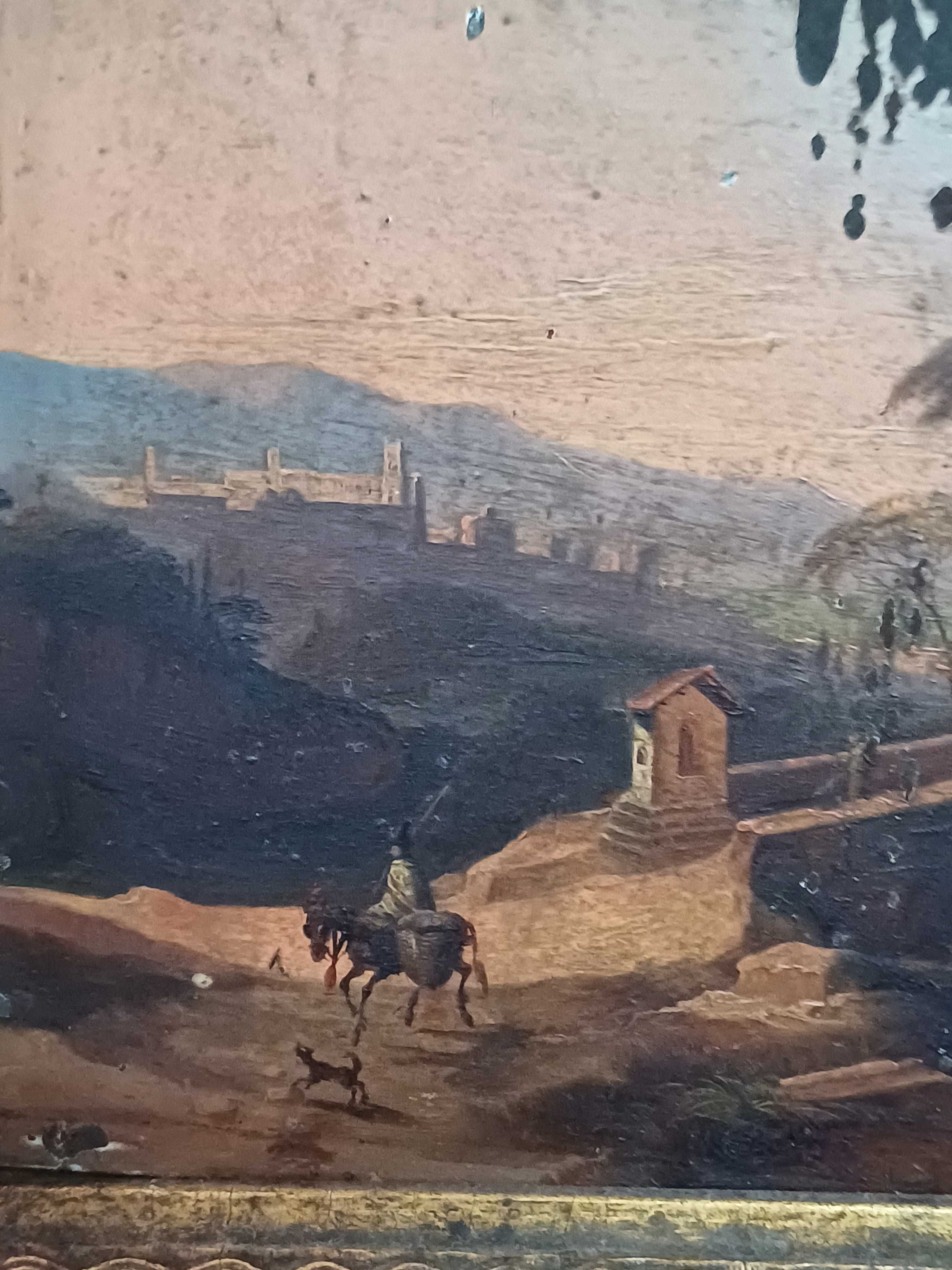 Paisagem séc. XVIII com ponte e cavaleiro - pintura óleo sobre cobre