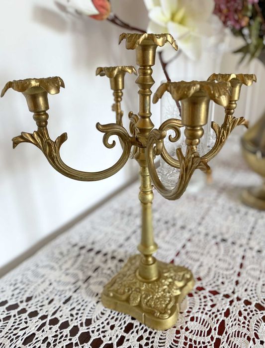 Mosiężny świecznik 5 ramienny, kandelabr - wysokość 32,5cm