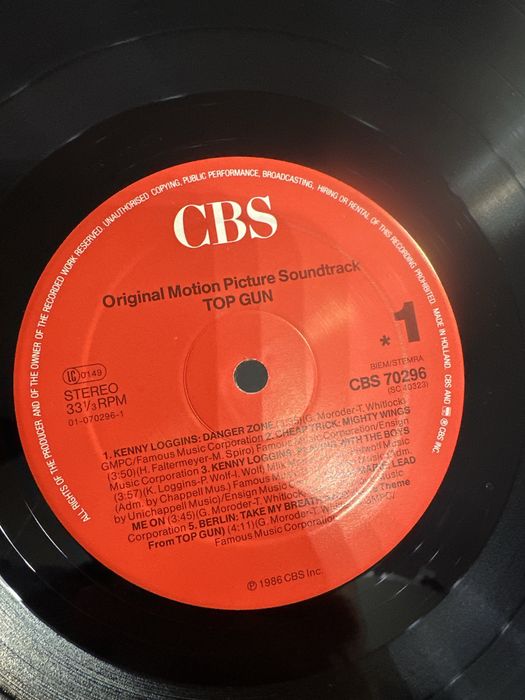 Top Gun Orginal Motion Picture Soundtrack 1986 winyl