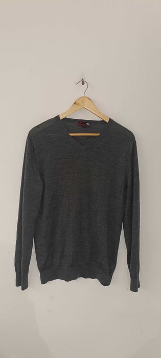 Sweter męski w serek z wełny z merynosa Merino Wool L szary