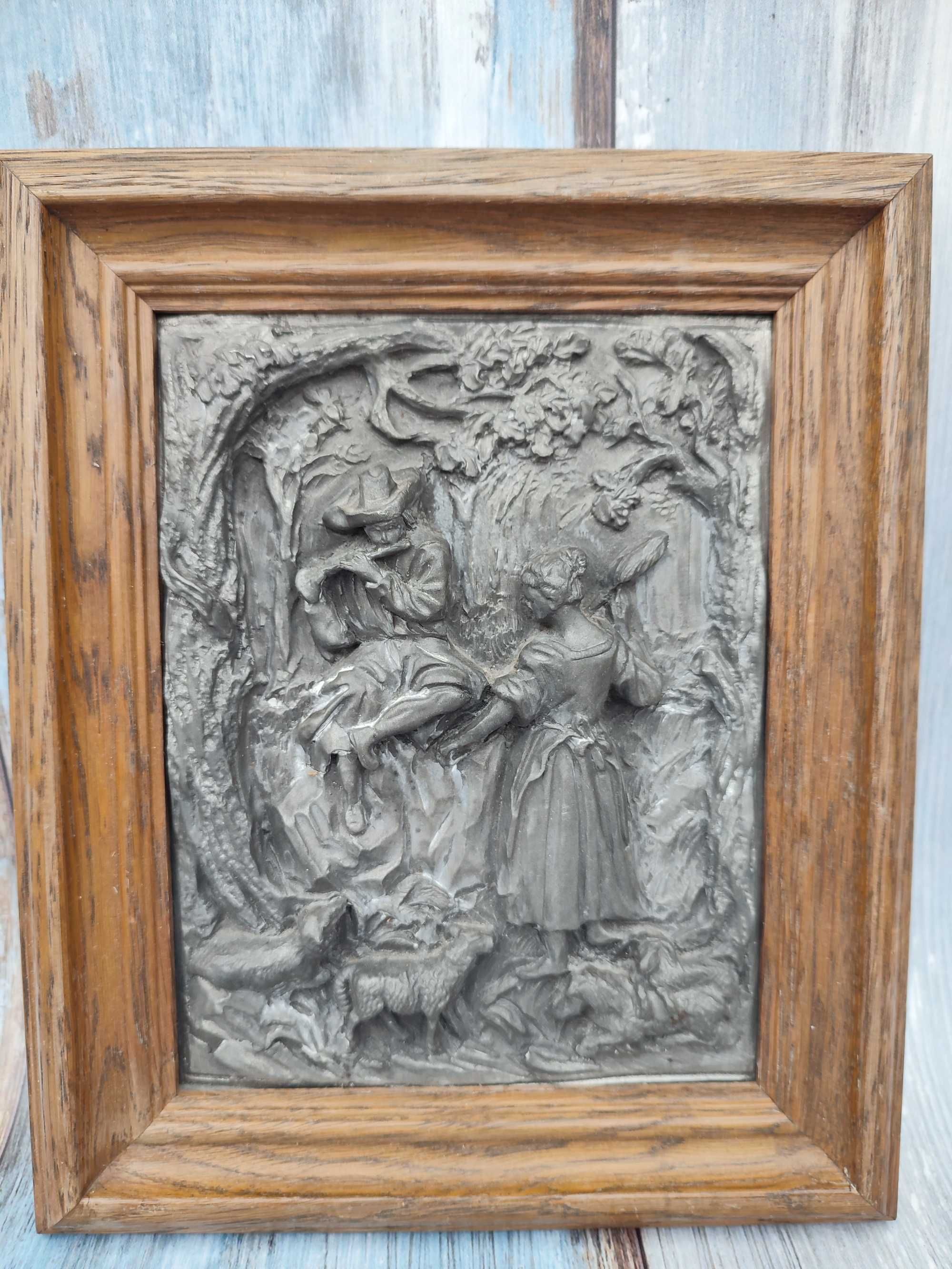 Obraz Cynowy Betzner Relief - vintage - drewniana rama