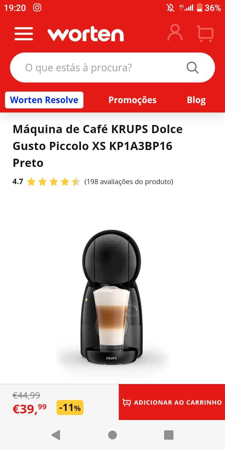 Máquina de Café KRUPS Dolce Gusto Piccolo XS KP1A3BP16 Preto