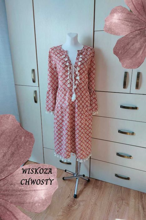 Bodyflirt NOWA sukienka boho midi 50 5XL brąz i biel chwosty wiskoza