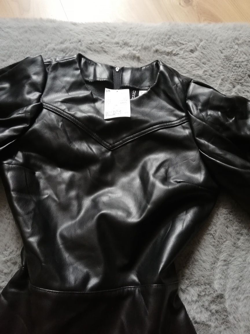 Sukienka czarna eko skóra bufiaste rękawy 34 XS H&M Nowa