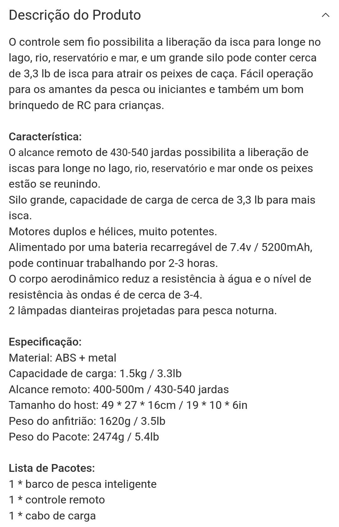 Barco para transporte de engodo/anzol 1,5kg, alcance até 400 m
