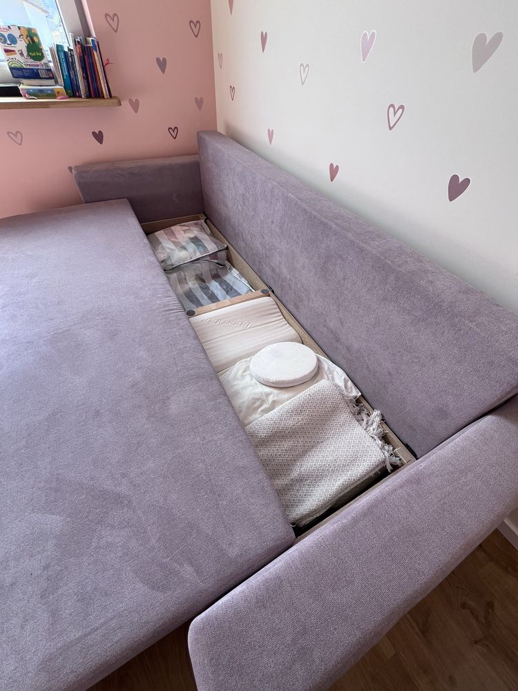 Sofa trzyosobowa rozkładana z pojemnikiem welurowa