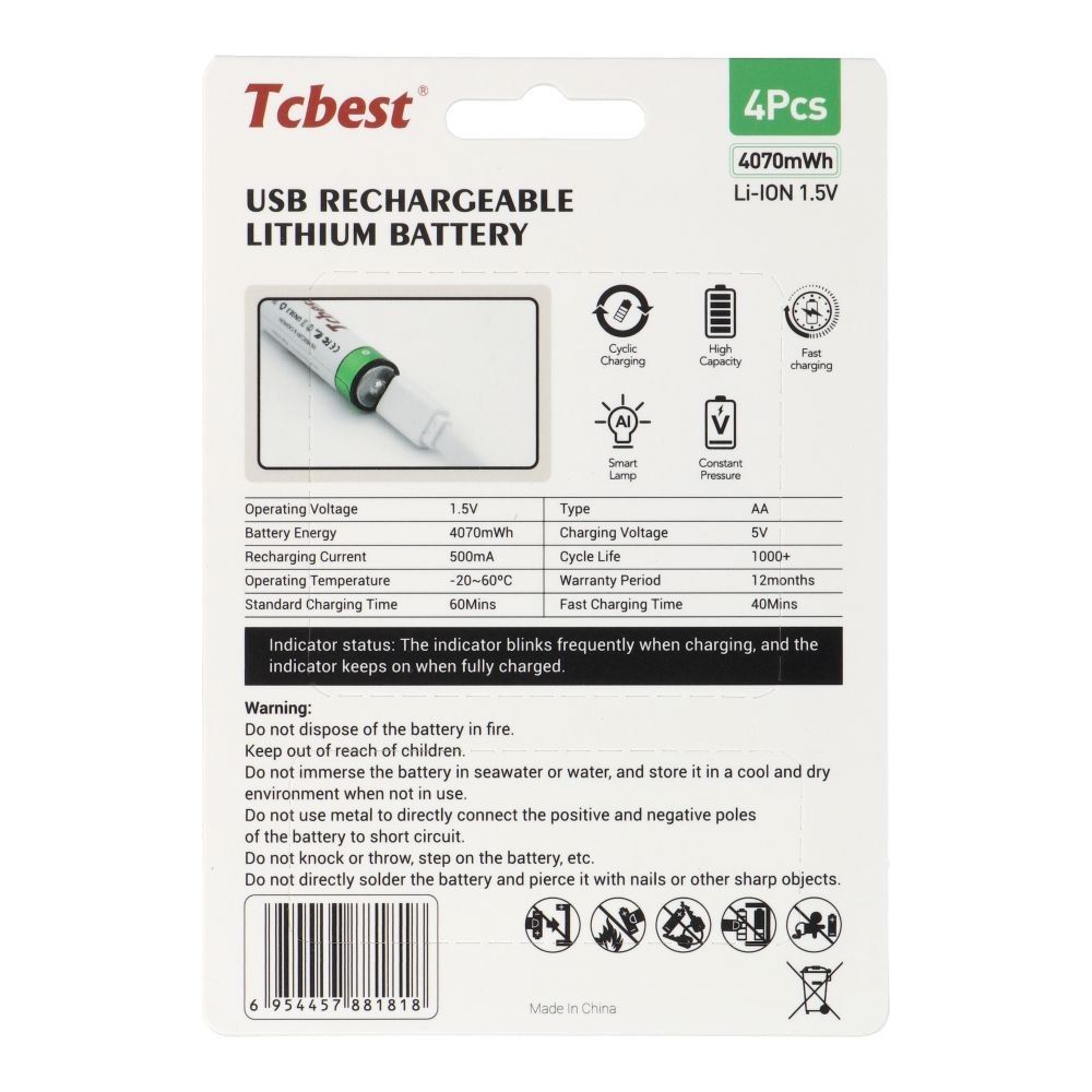 TCBEST bateria akumulatorowa R6 (AA) 1100 mAh z gniazdem Typ C
