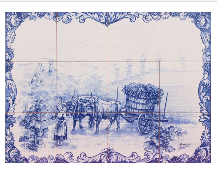 NOVO Painel de Azulejos Vindimas AZUL E BRANCO 60x45cm Carro Bois Uvas