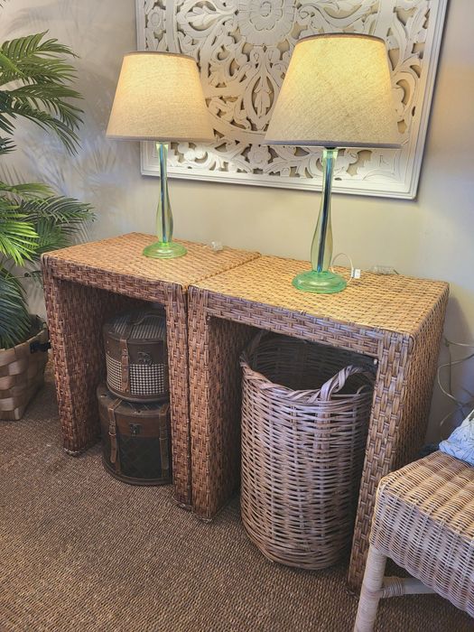 2 mesas, apoio, cabeceira, consola, rattan, verga, rustico