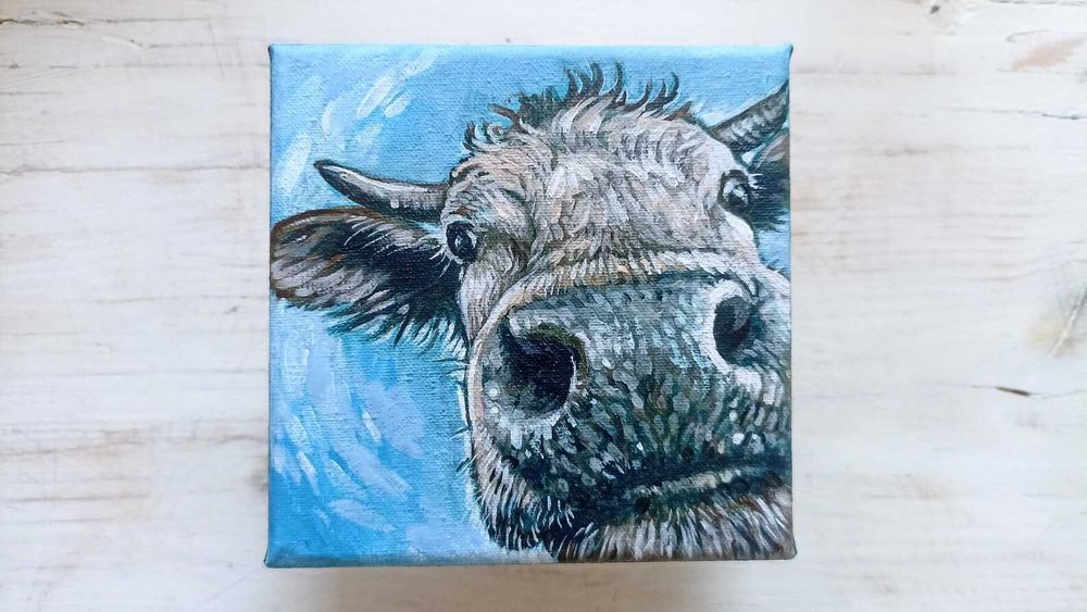 Krowa, obrazek ręcznie malowany 10x10cm