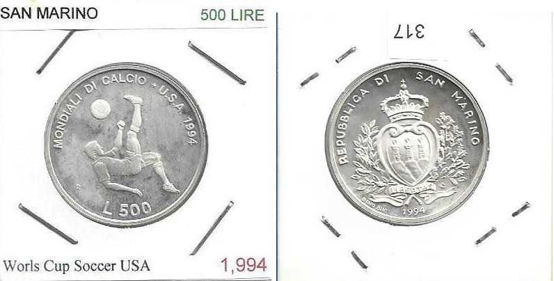 San Marino -  500 Lire - 1994 -  Futebol 1984 U.S.A. -  Moeda de Prata