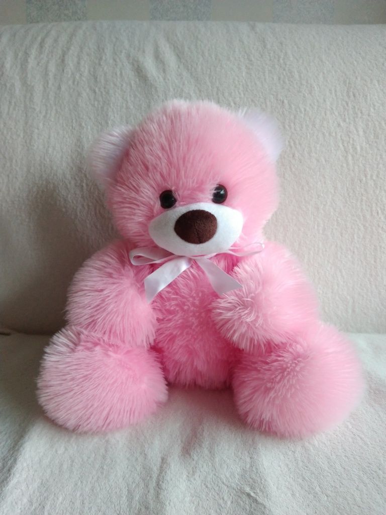 Плюшевий пухнастий рожевий ведмедик