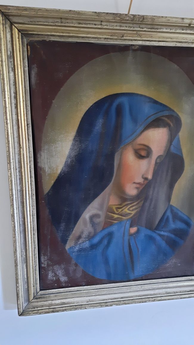 Stary obraz sakralny,Maryja bolesna. Oleodruk