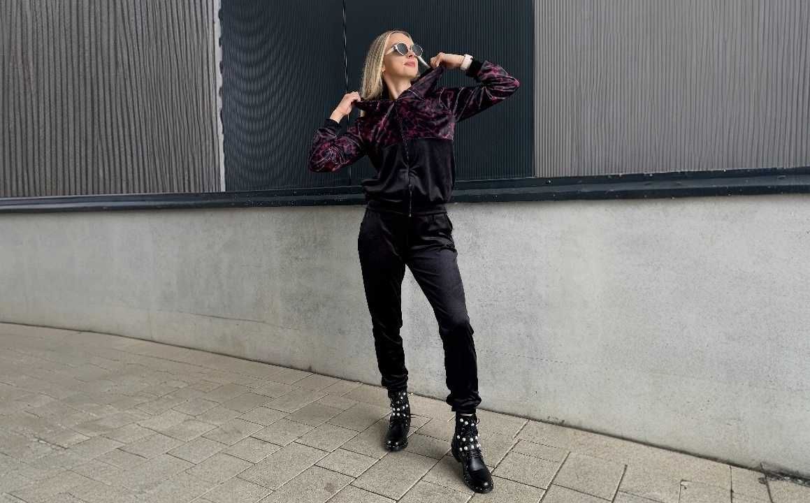 Dresy damskie welurowe w panterkę spodnie + bluza bordowe r.XL wys.24h