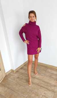 Włoska Wygodna Sweterkowa Sukienka Tunika Wycięcia Na Ramionach Śliwka