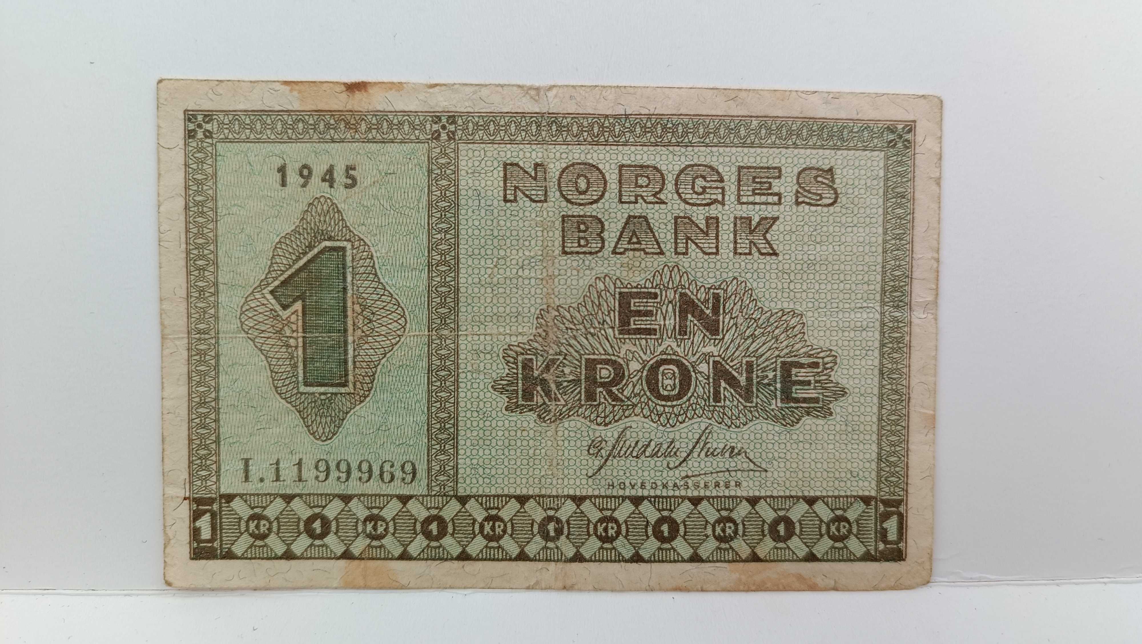 banknot En Krone Norges Bank 1 korona norweska 1945 r. stan III-