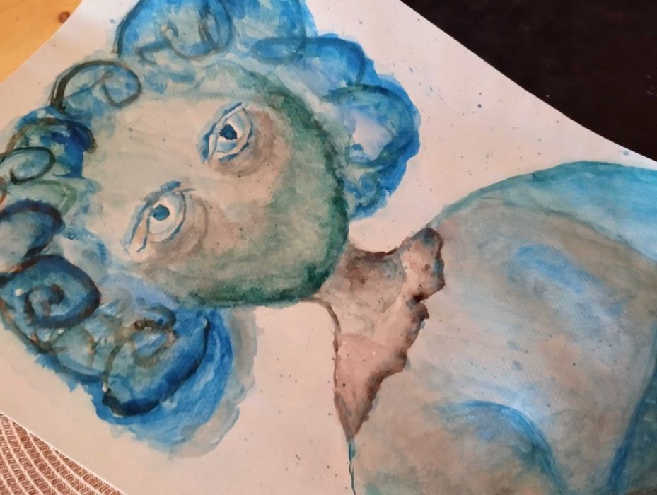 Obraz autorska postać w niebieskościach akwarela