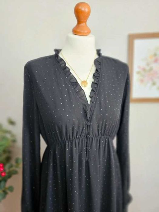 Sukienka damska czarna srebrne kropki święta sylwester Apricot M 38