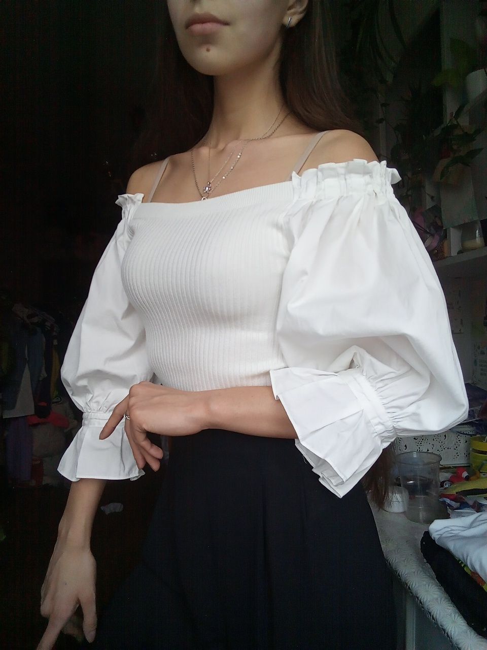 Белая блузка открытые плечи, белая блуза в винтажном стиле, біла блуза
