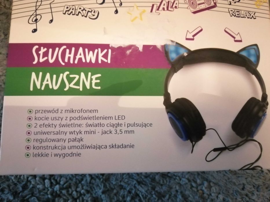 Słuchawki kot kocie uszy przewodowe światło nauszne
