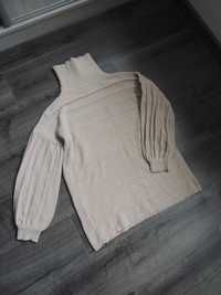 beżowy sweterek krótka mini tunika bufiaste rękawy ciepła zimowa L/XL
