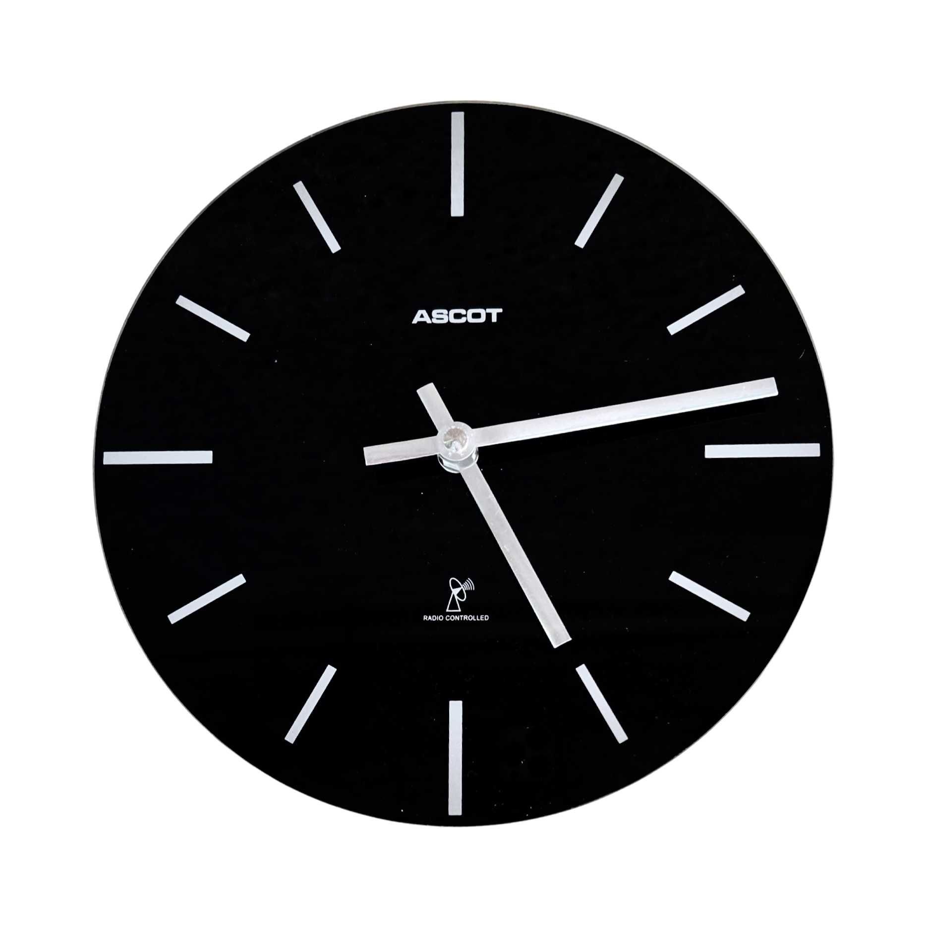 Designerski szklany czarny zegar ścienny, Ascot Niemcy, lata 90.