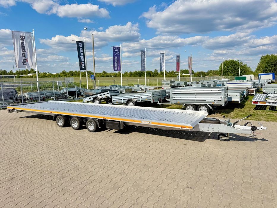 Gromex laweta aluminiowa | 850x210cm | DMC 3500kg | platforma na 2 auta | 3 osie AL-KO | OŚWIETLENIE LED  model L3-3500-8,5 | panele ALU | podpory z tyłu | ładowność 2660 kg!