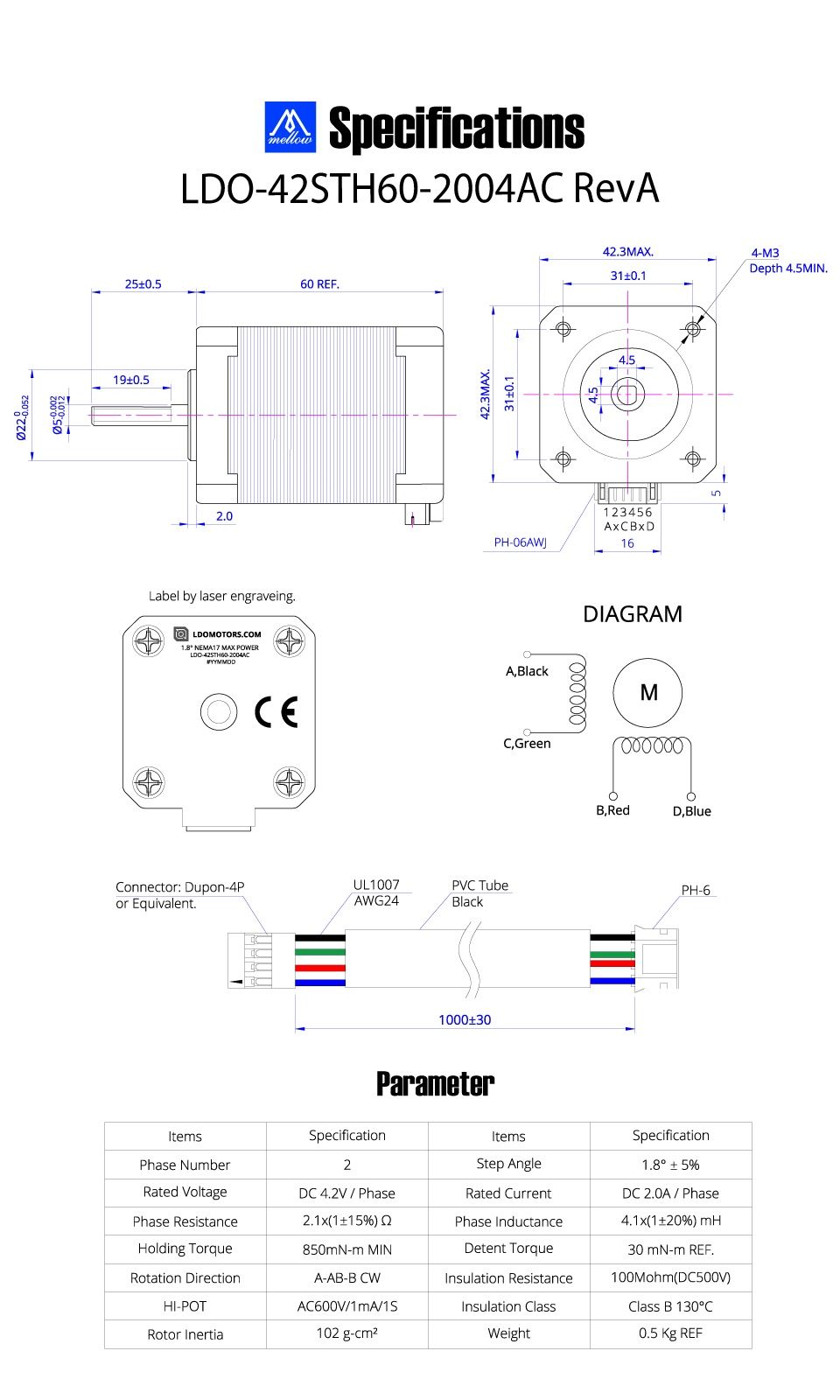 Шаговый двигатель Nema 17 LDO 42sth60-2004ac max power